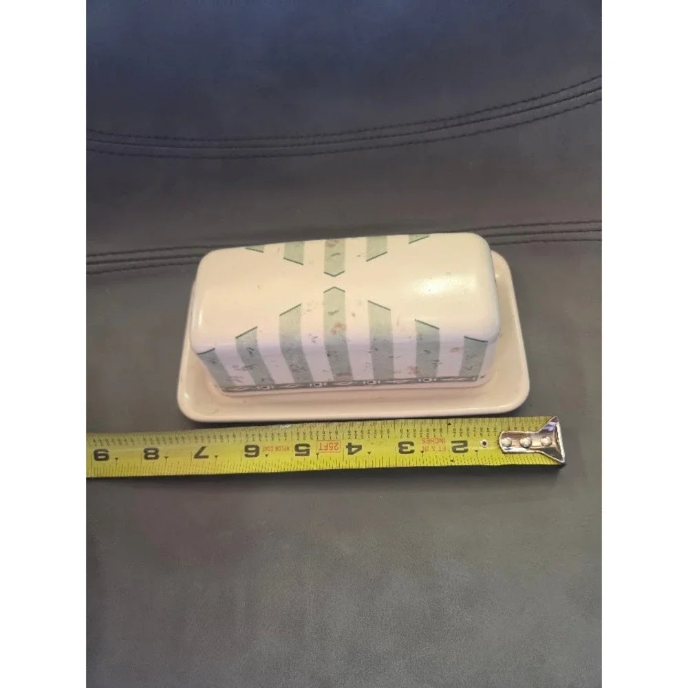 Vintage Ceramic Butter Dish with Lid Birdhouse Floral Stripe Pattern Cream Green